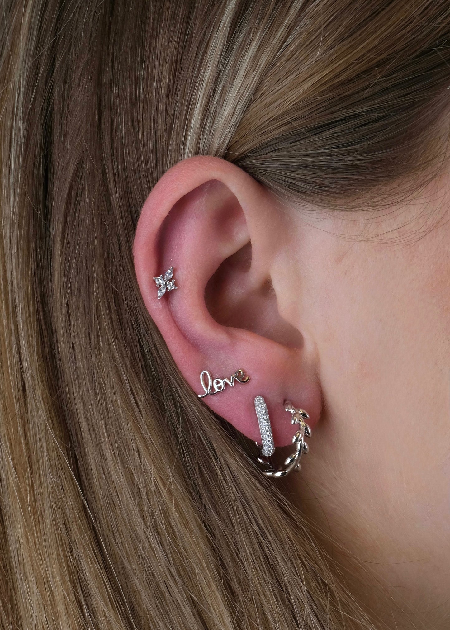 Boucles d'oreilles demi-anneaux feuille d'olivier en argent